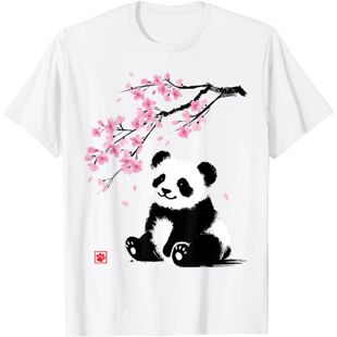 Japanese Panda Sakura Cherry Blossoms T Shirts Men Cotton Hu