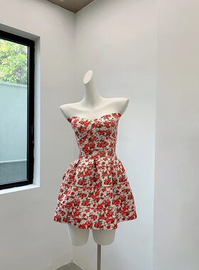 网红同款原创日式玫瑰碎花抹胸花苞立体蓬蓬连衣裙女夏紧身爆款