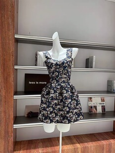 网红同款 原创日式吊带印碎花花苞立体蓬蓬连衣裙女夏装显瘦短裙