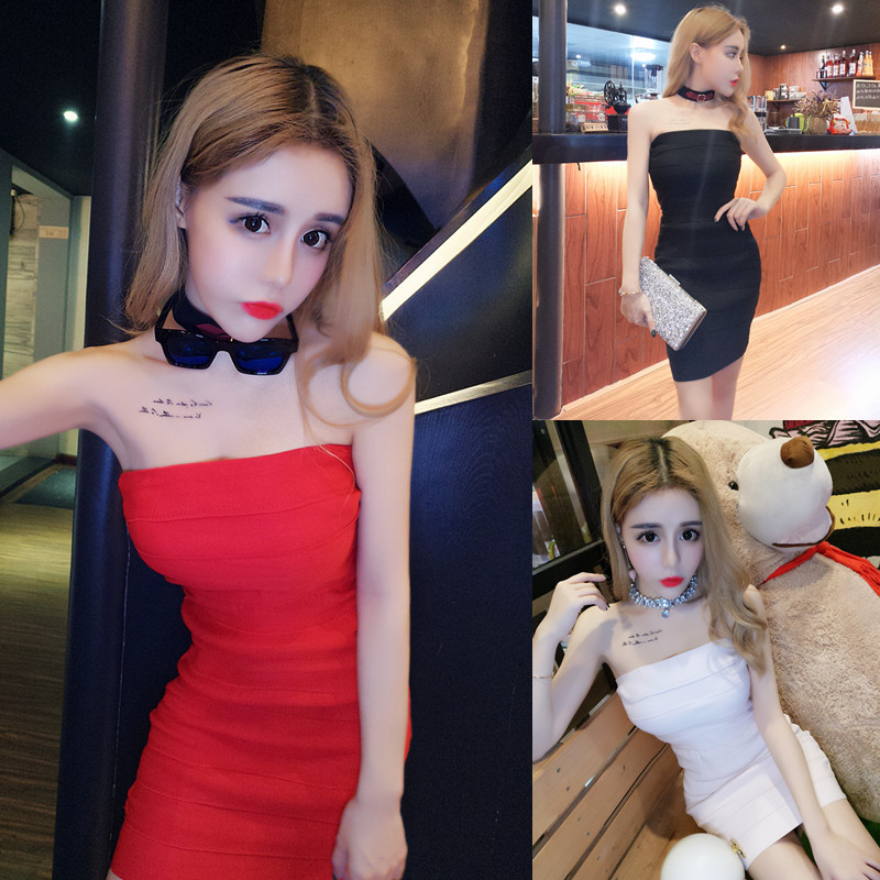 模特实拍~抹胸修身显瘦包臀洋装裙夜店百搭性感名媛连衣裙女