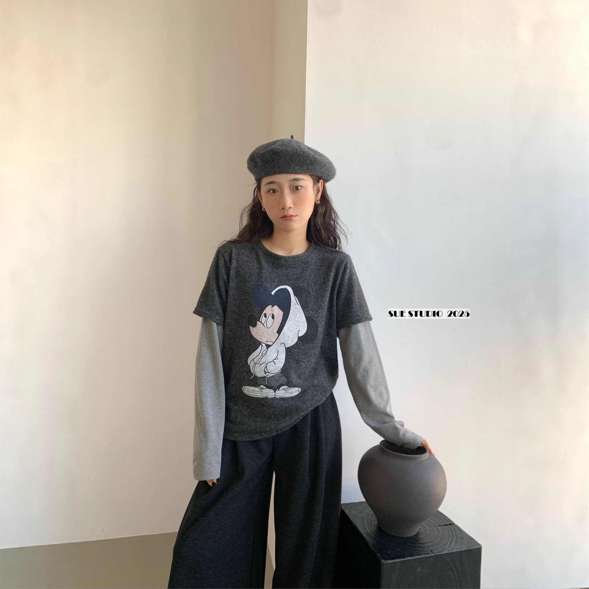 SUE韩系卡通印花磨毛长袖拼接T恤冬季新款宽松假两件上衣女97129