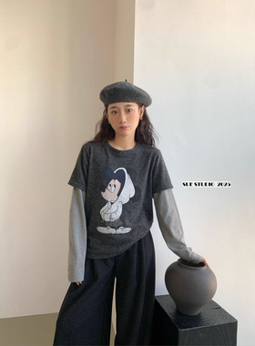 SUE韩系卡通印花磨毛长袖拼接T恤冬季新款宽松假两件上衣女97129