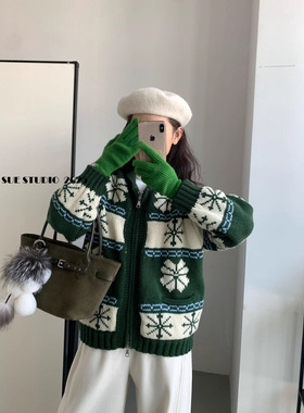 SUE圣诞过节氛围感复古费尔岛毛衣外套冬季奶呼呼软糯针织衫37528