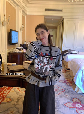 奈芙十三行2026春季新款卡通条纹长袖T恤韩系宽松圆领上衣女97180