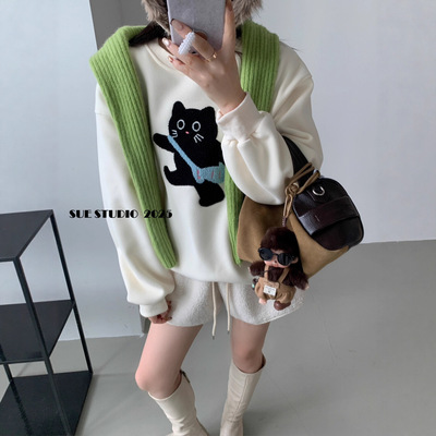 SUE猫咪毛巾绣设计感圆领宽松加绒卫衣冬季韩系慵懒简约上衣97095