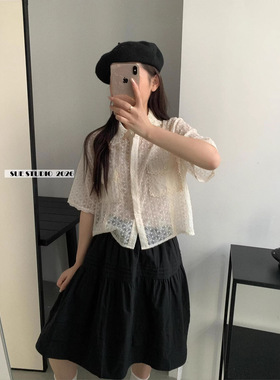 SUE十三行春季新款韩系休闲蕾丝短袖衬衣背心两件套衬衫套装97187