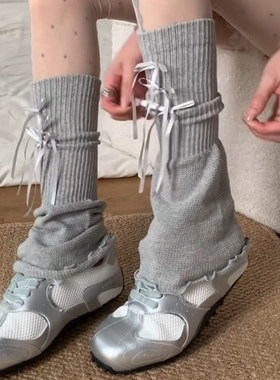 灰色袜套芭蕾风蝴蝶结堆堆袜miu系小腿袜薄款白色长筒袜女腿套y2k