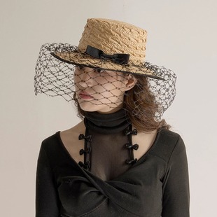 出口日本单时尚休闲网纱蝴蝶结手工花编平顶拉菲草户外旅游遮阳帽