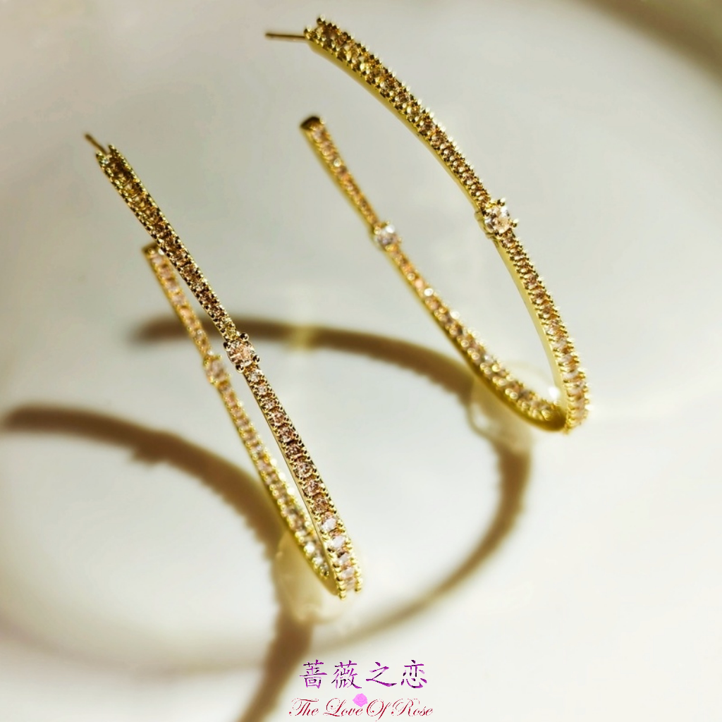 S925银针镀金锆石大耳环不过敏
