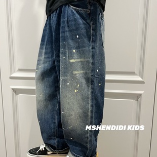 韩国童装 儿童泼墨牛仔裤秋冬季帅气男童百搭宽松长裤直筒老爹裤
