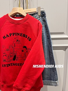 儿童史努春秋薄绒圆领套头衫 男女童 孩子新年款显白套头红光卫衣