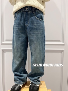 好版型 韩国设计款儿童春秋裤子男童一体绒棉牛仔裤2025冬季新款