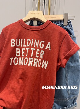 26夏季 日系童装儿童字母印花鸭子刺绣圆标男女童红色竹节棉短袖