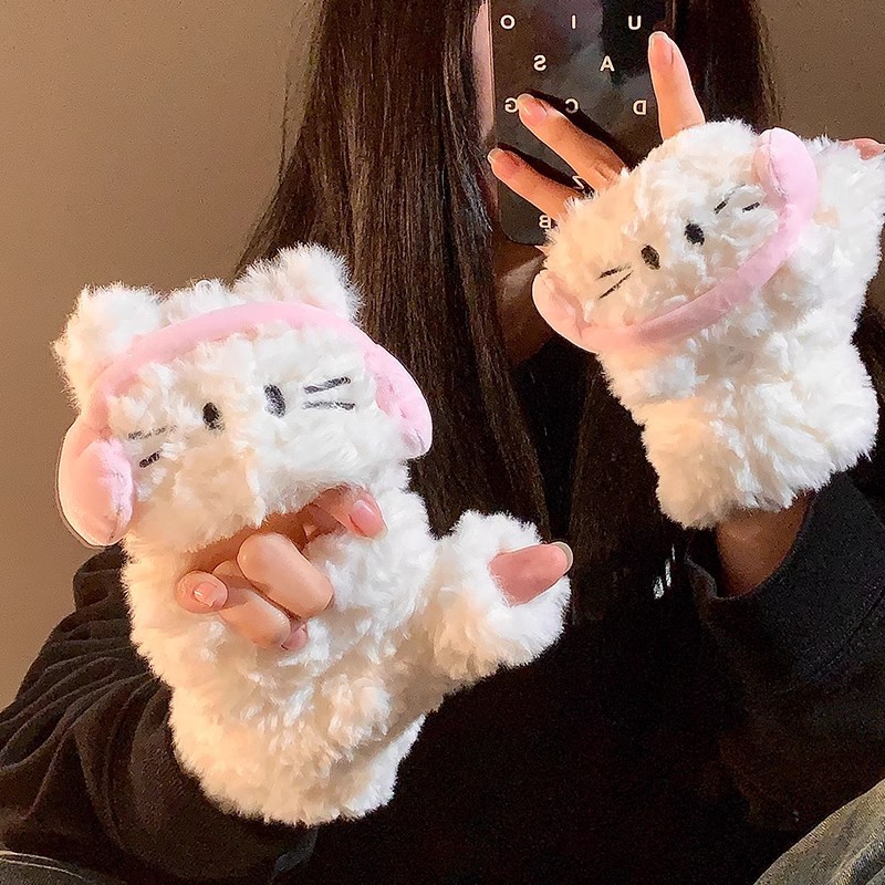 日本品质耳机猫咪翻盖手套露手指秋冬可爱百搭学生七星防寒保暖写