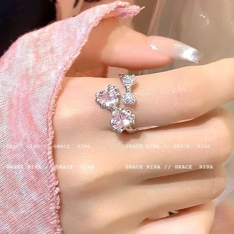 甜晕了!粉钻蝴蝶结戒指女轻奢气质食指戒小众设计高级感时尚对戒