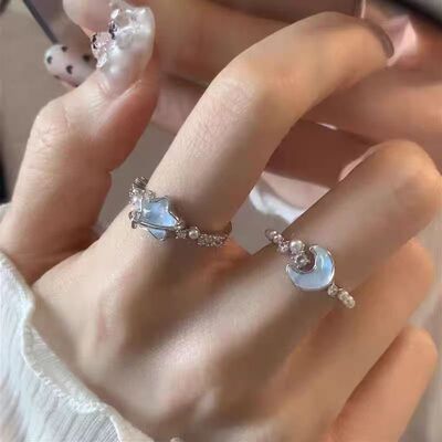 冰川蓝星星月亮开口戒指女轻奢