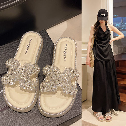 凉拖鞋女外穿2025新款夏季爆款超火珍珠绝美配裙子平底沙滩一字拖