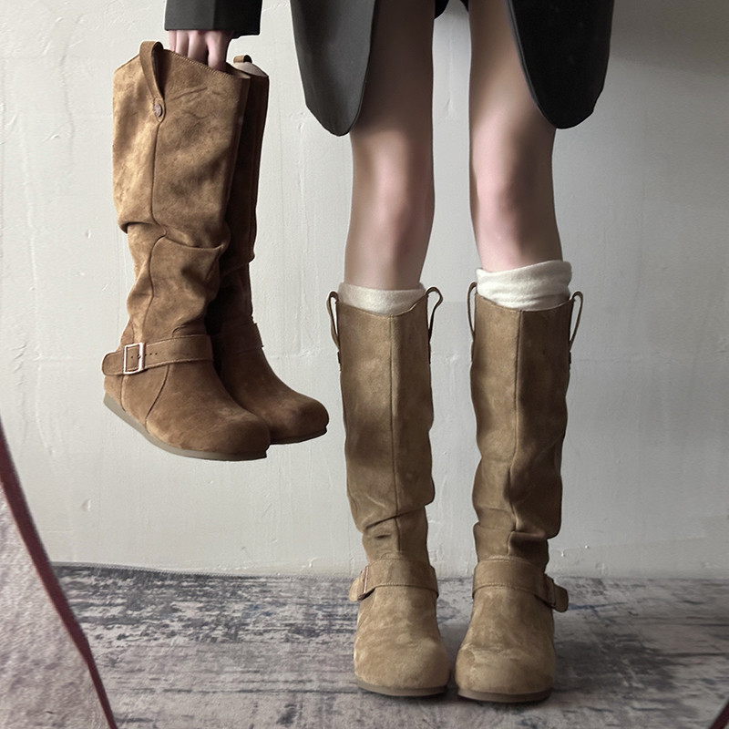 靴子长筒靴女2025超火马丁靴咖色加绒堆堆内增高美拉德西部牛仔靴