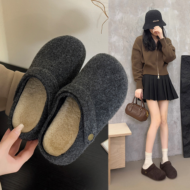 勃肯鞋半拖加绒包头毛毛拖鞋外穿2025超火冬厚底不累脚巨好看棉拖