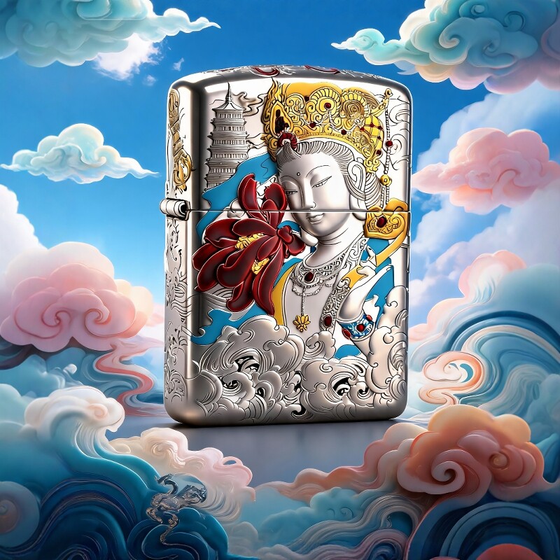 zippo正品煤油打火机 普贤菩萨珐琅彩如意吉象五面浮雕盔甲机礼物