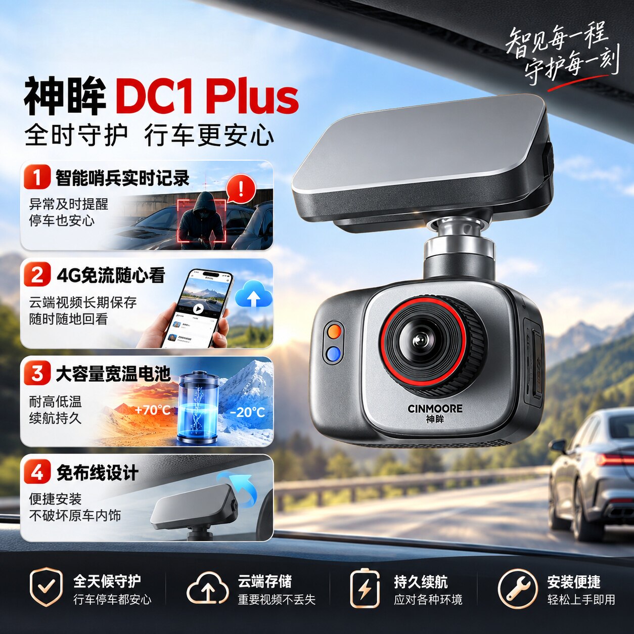 神眸DC1Plus行车记录仪智能哨兵模式24小时停车监控高清360度云台