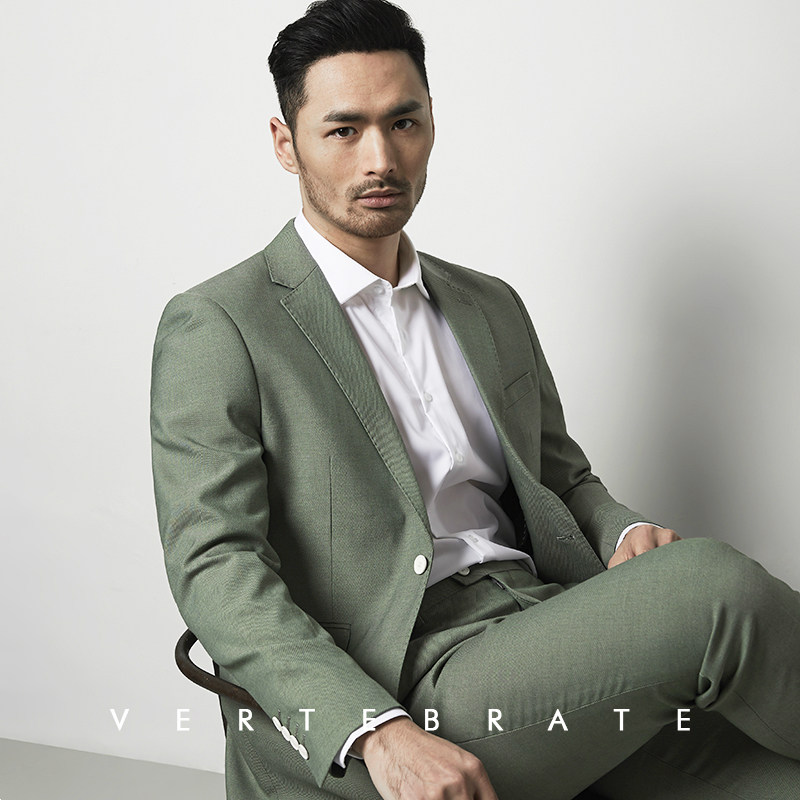 脊椎动物男装清新抹茶绿优雅男士西服珠边一粒扣西装欧美街拍风