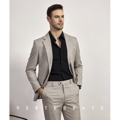 含麻浅卡其西装西裤两件套装