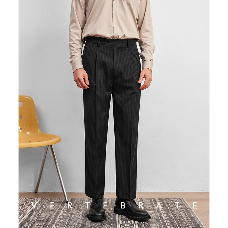 脊椎动物男装黑色暗条纹宽松直筒版型休闲西裤春秋潮男廓版长裤
