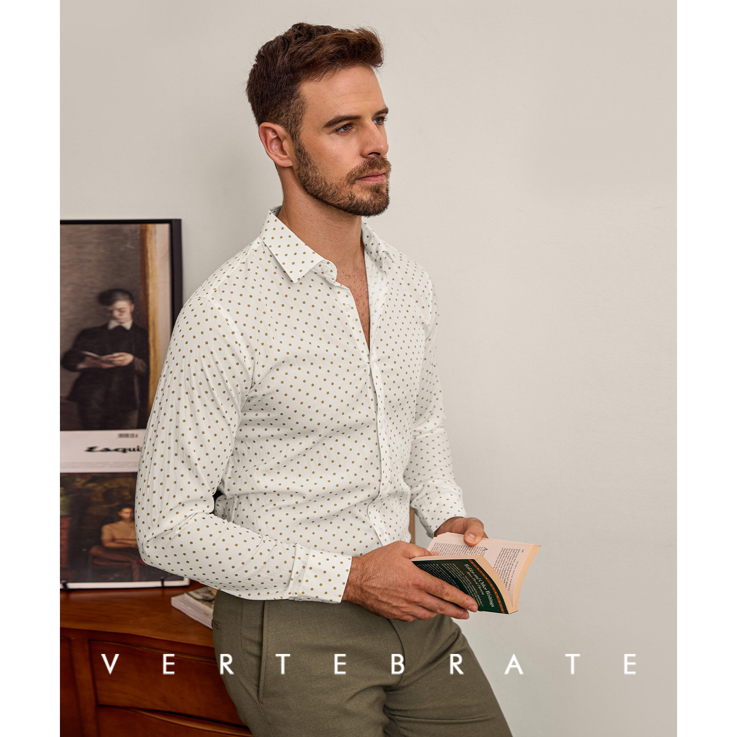 脊椎动物男装文艺复古卡其小波点男士长袖衬衫休闲雅痞度假风衬衣