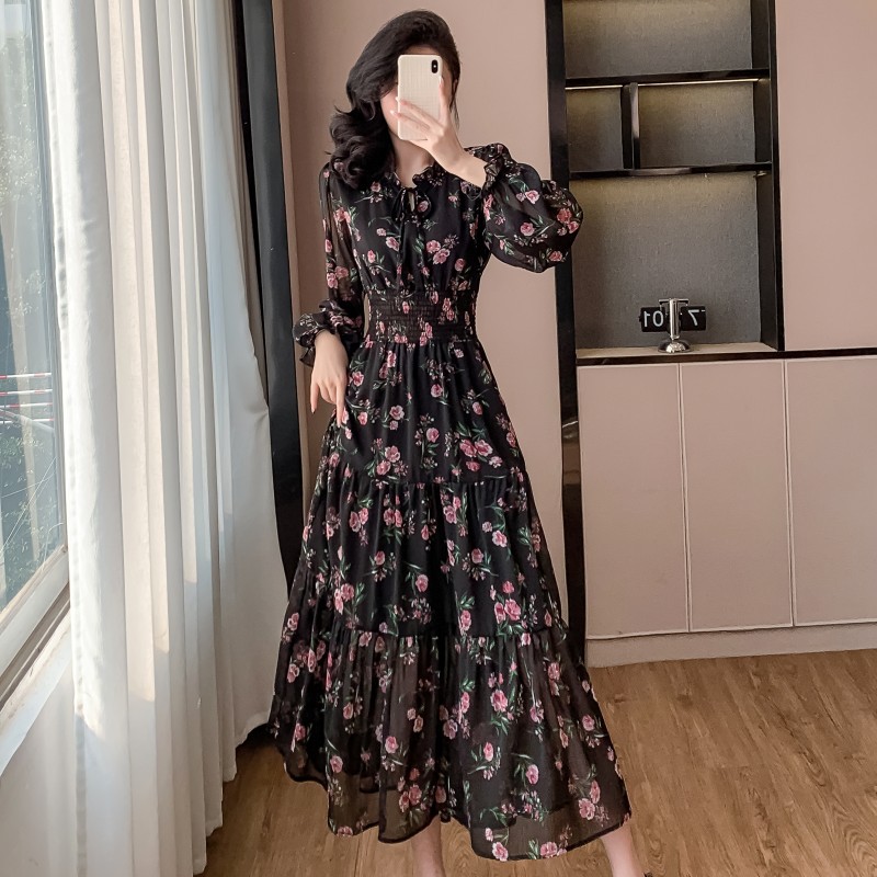 欧美好品港风韩国时尚荷叶边碎花连衣裙度假风显瘦甜美边收腰长裙