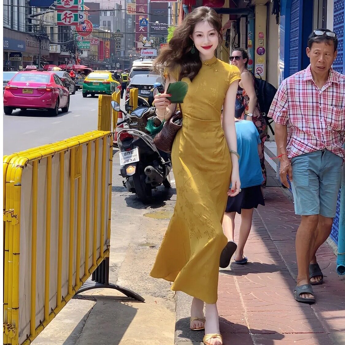 2026夏季新款清冷新中式紫色旗袍连衣裙女金色裙时尚国风连衣裙子