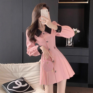 法式小香风连衣裙女粉色秋冬2025新款小个子收腰显瘦高级通勤外套