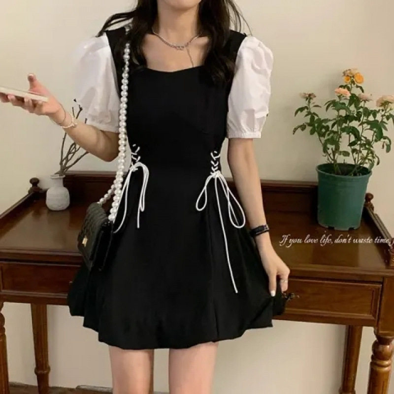茶歇法式森系赫本风黑色泡泡袖连衣裙子女夏季小众设计绑带蓬蓬裙