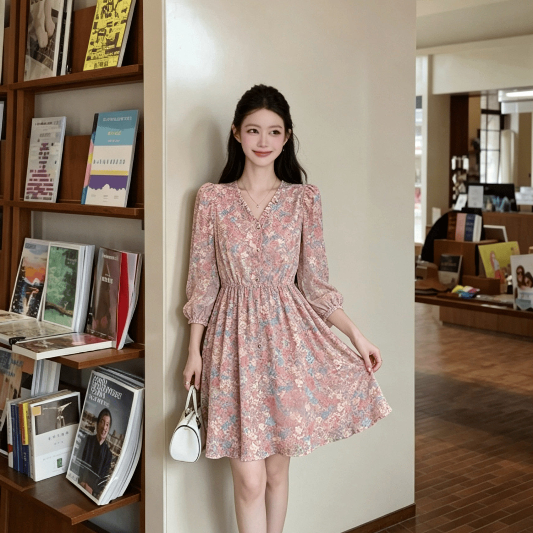 开春碎花早秋冬季新款韩版设计感连衣裙高腰显瘦小个子长袖打底裙