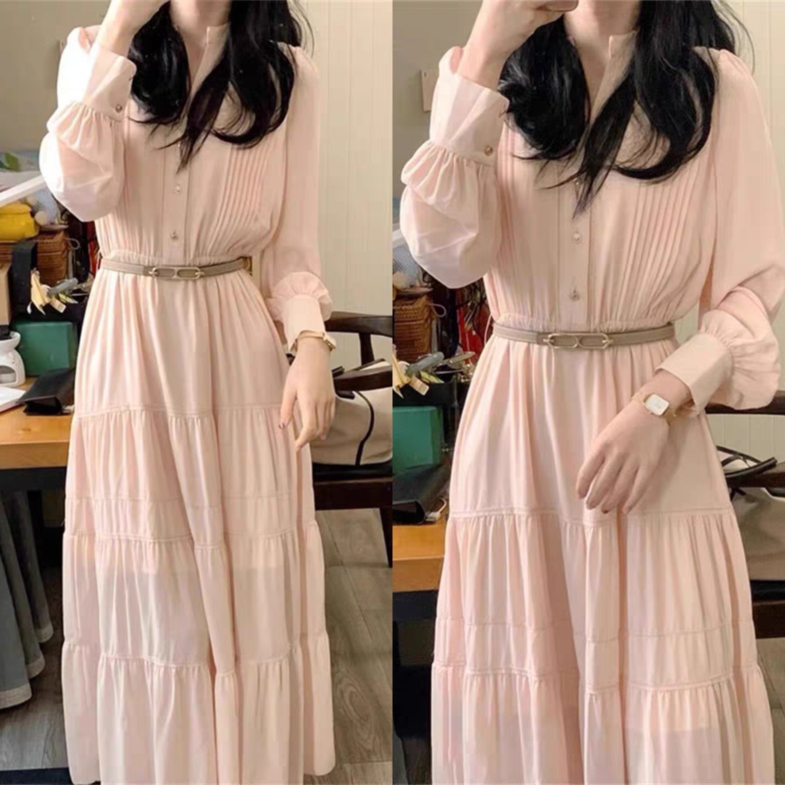 时尚春秋款气质小香风长裙法式小众设计惊艳粉色衬衫连衣裙子女装