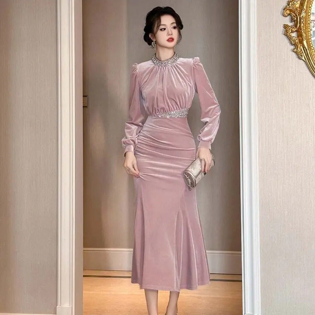 粉色丝绒连衣裙女秋冬气质高级感宴会礼服打底内搭长袖鱼尾裙长裙