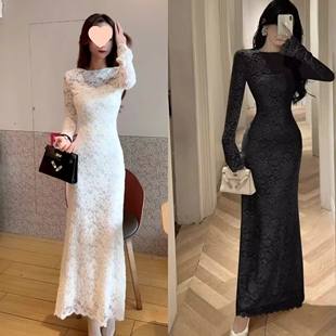 高端轻奢气质超仙法式度假白色蕾丝长袖秋冬内搭修身鱼尾包臀长裙