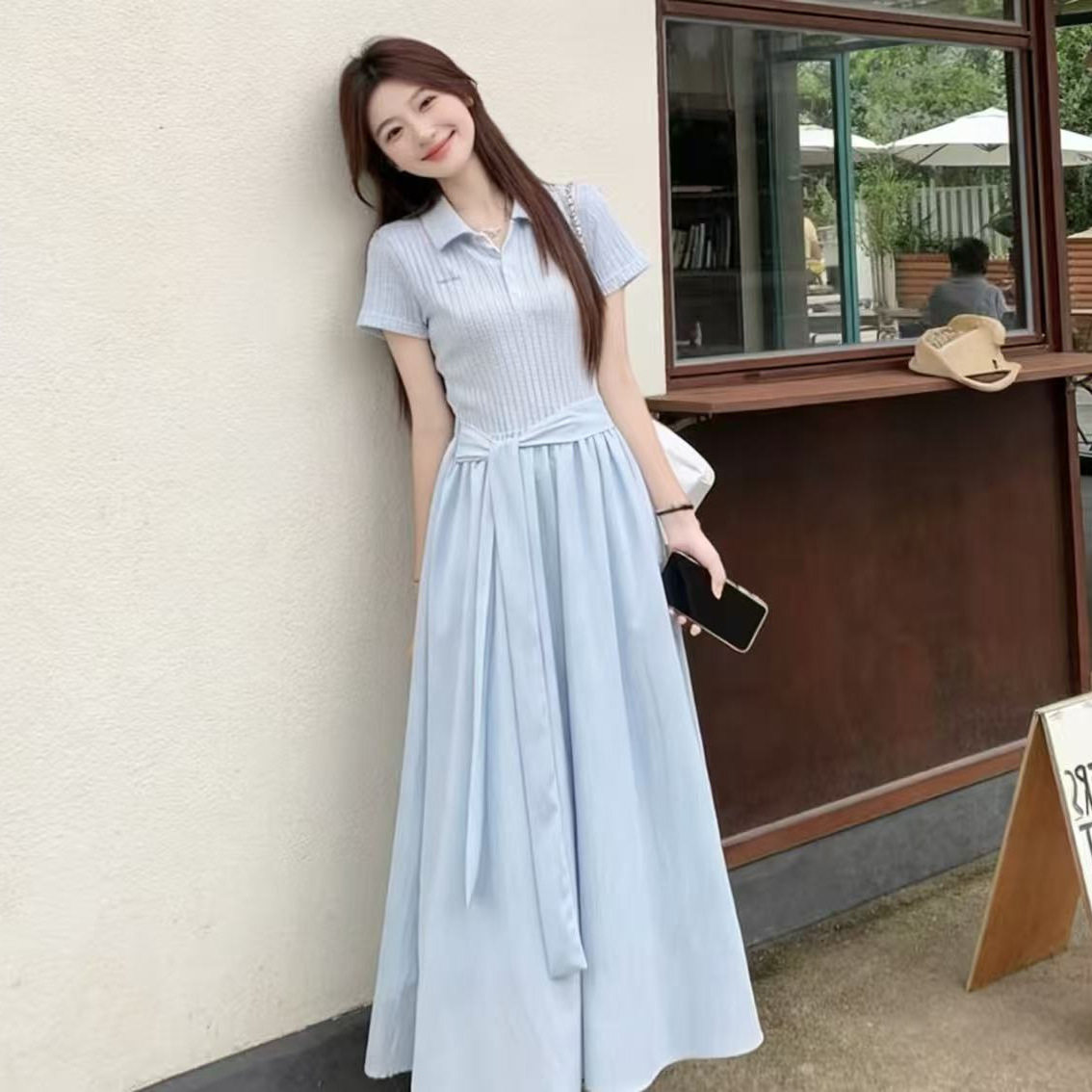 蓝色polo领短袖连衣裙子女夏季2026新款甜美巨好看学院风掐腰长裙