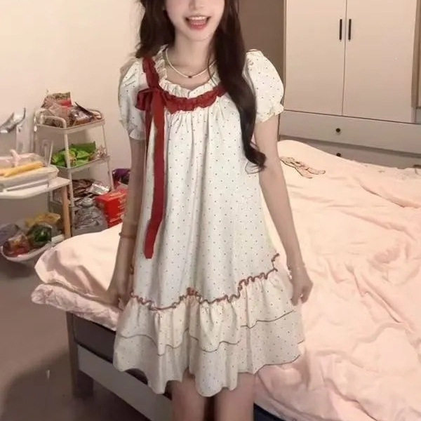 可爱超蝴蝶结波点木耳边领连衣裙女夏小个子新款学生宽松腰公主裙