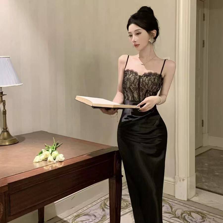 法式性感黑色蕾丝拼接吊带连衣裙女气质御姐风轻熟晚礼服包臀长裙