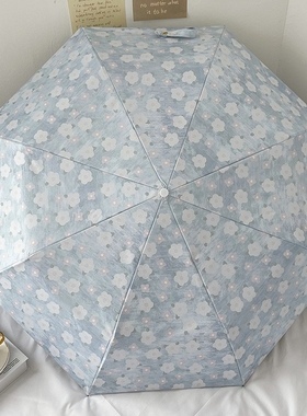蓝色碎花伞木柄三折自动雨伞女晴雨两用伞遮阳伞加固抗风加厚学生