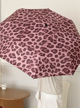ins莓粉豹纹折叠雨伞防晒防紫外线黑胶遮阳伞晴雨两用自动太阳伞