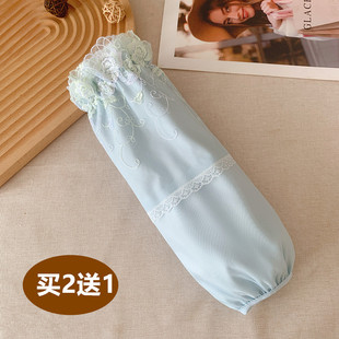 2025白色米色蕾丝袖套长款蓝色羽绒服护袖纯棉成人防污套袖秋冬