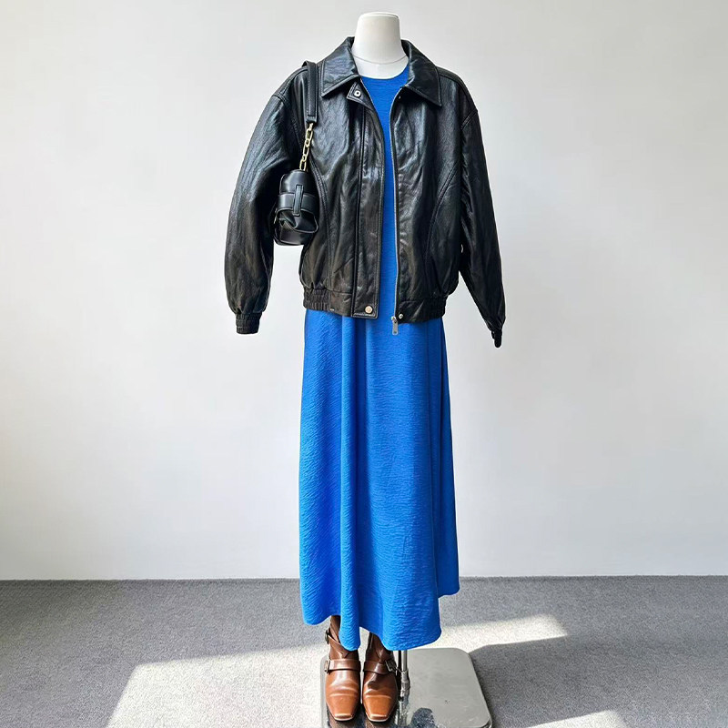 韩系松弛感黑色PU皮衣女秋小个子短款机车服休闲翻领拉链夹克上衣