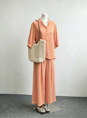 橙色暗纹提花开衫女夏季宽松显瘦遮肚子V领中袖衬衫气质外贸尾货