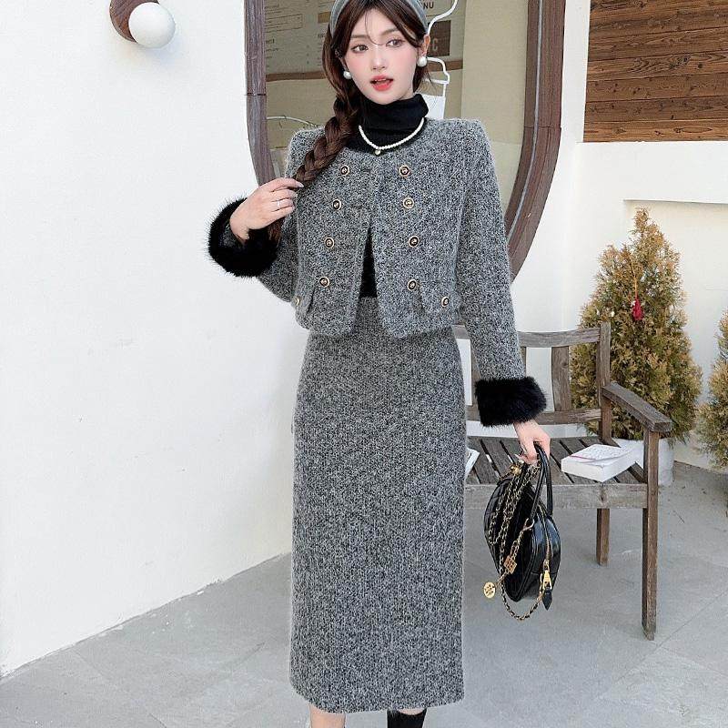 秋冬高级感小香风毛呢外套两件套裙加棉加厚小个子中长款包臀裙,女装/女士精品,时尚套装,淘宝优惠券,粉丝福利购,淘宝优惠卷