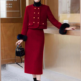 红色毛呢小香风套装秋冬新款高级感小个子加厚加棉直筒两件套长裙