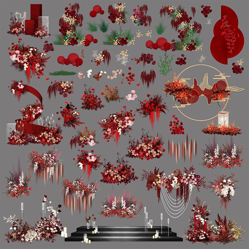 新品红色新中式花艺高端婚礼分层免扣PSD设计效果图ipad手绘素材