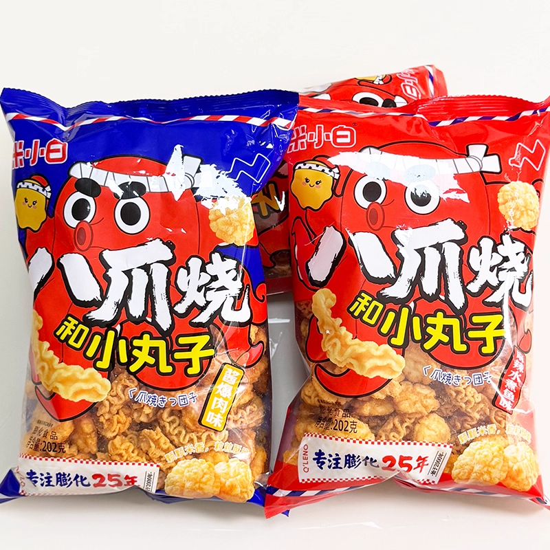 米小白八爪烧和小丸子202g酱爆肉味麻辣水煮鱼味狗牙锅巴膨化零食