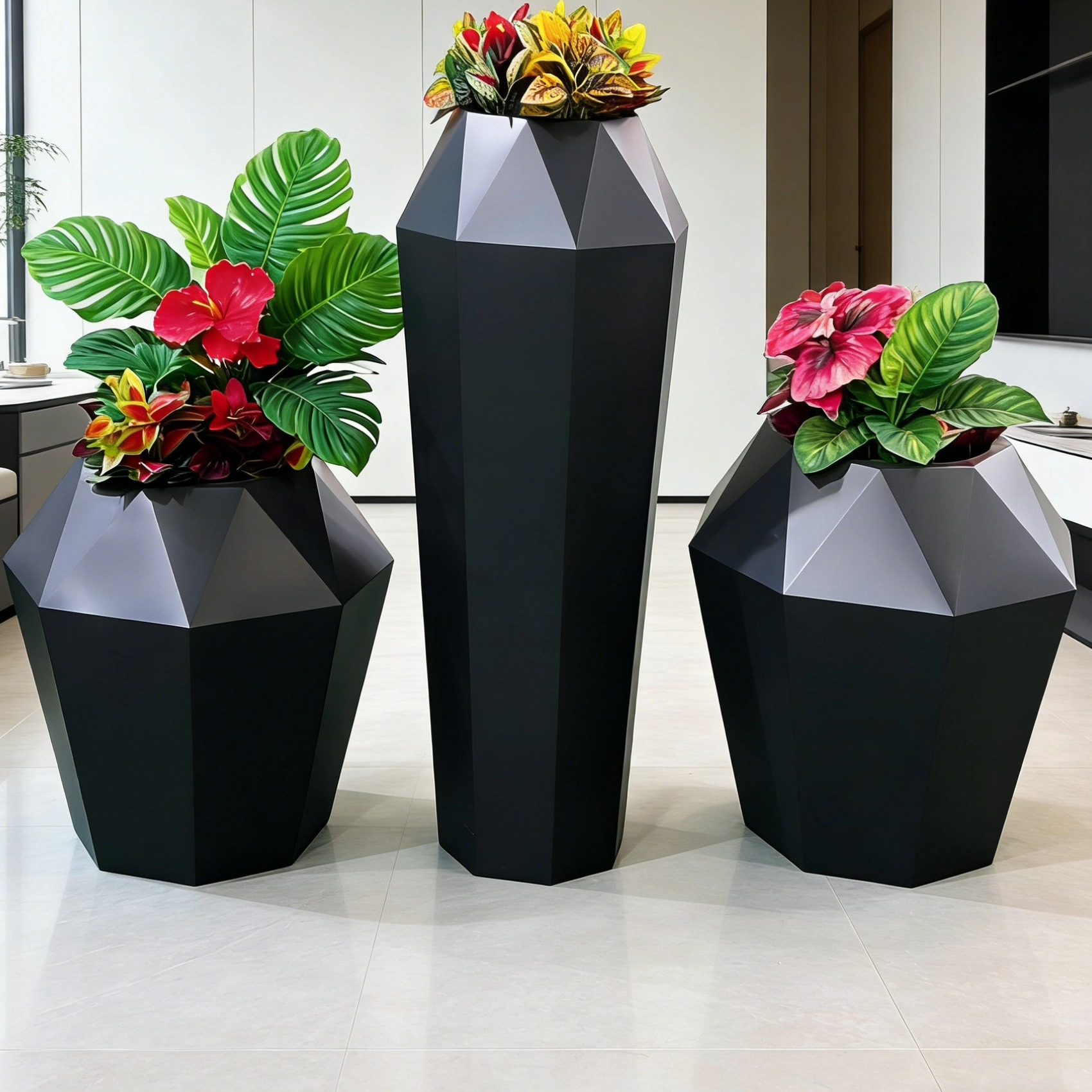 现代简约几何多面体花箱黑色室内外装饰花盆创意花坛,商业/办公家具,花坛/花箱,淘宝优惠券,粉丝福利购,淘宝优惠卷